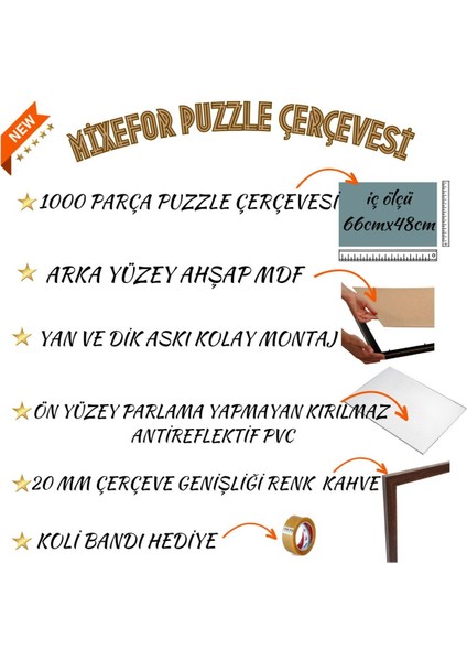 1000 Parça Puzzle Çerçevesi Renk Kahve Ölçü 66 cm x 48 cm Ön Yüzey Kırılmaz Antireflektif fiyatları