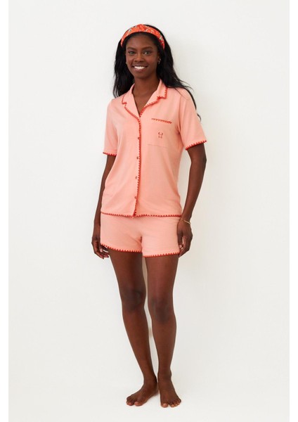 Kadın Frill Wave Kalp Yengeç Nakışlı Şortlu Pijama Takımı