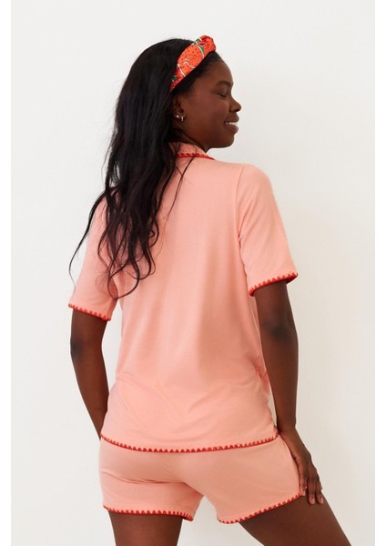 Kadın Frill Wave Kalp Yengeç Nakışlı Şortlu Pijama Takımı modelleri