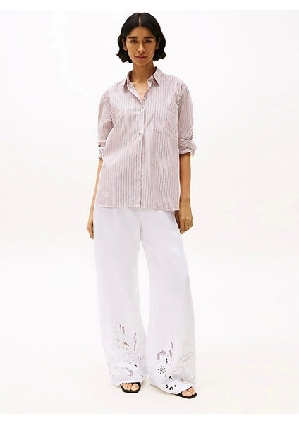 Kadın Beyaz Dantel Detaylı Keten Pantolon