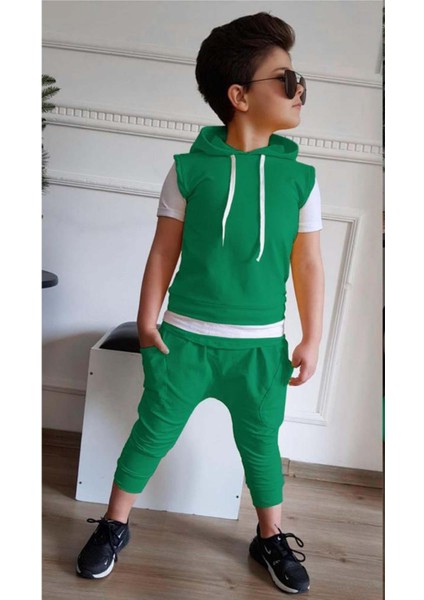 Erkek Çocuk Kapüşonlu Şerit Detaylı Kat Şerit Detaylı Sweatshirt Lastikli Yeşil Eşofman