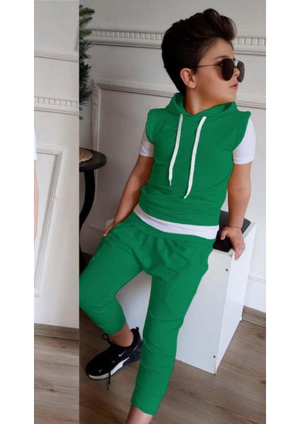 Erkek Çocuk Kapüşonlu Şerit Detaylı Kat Şerit Detaylı Sweatshirt Lastikli Yeşil Eşofman fiyatları