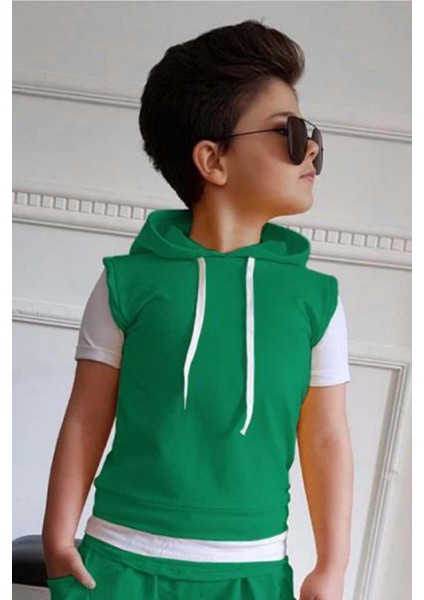 Erkek Çocuk Kapüşonlu Şerit Detaylı Kat Şerit Detaylı Sweatshirt Lastikli Yeşil Eşofman modelleri