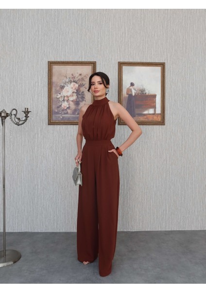 Saks Mavi Halter Yaka Uzun Tulum