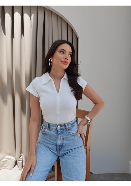 Fermuarlı Kısa Kol Body