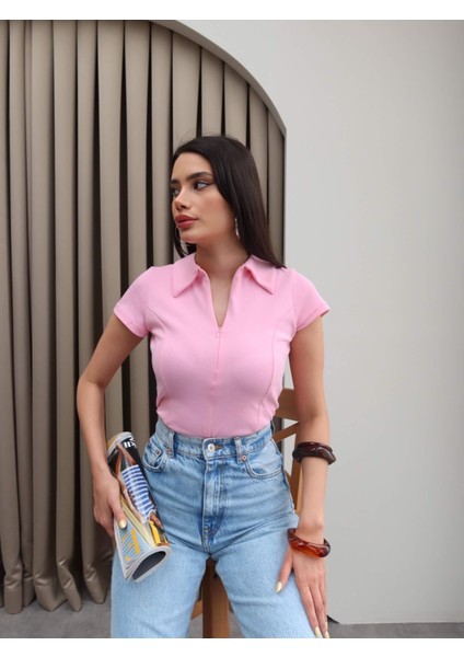 Fermuarlı Kısa Kol Body