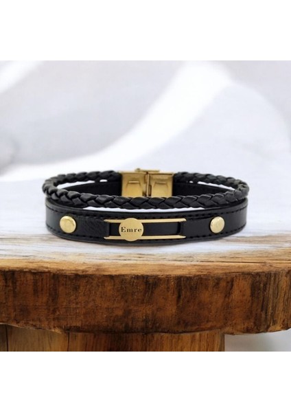 14 Ayar Altın Plakalı Derili Daireli ve Dikdörtgen Motifli Erkeklere Özel Isim Bilekliği-418İsim-Siyah fiyatları