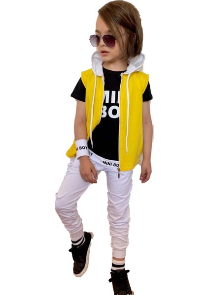 Erkek Çocuk Mini Boy Yazı Ve Şerit Detaylı T-Shirt Kolsuz Sarı Yelek Eşofman Takım