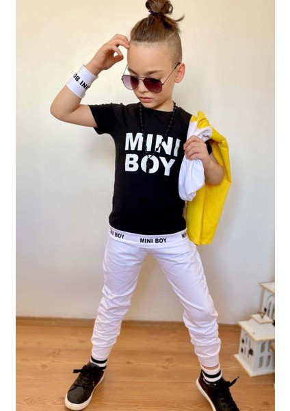 Erkek Çocuk Mini Boy Yazı Ve Şerit Detaylı T-Shirt Kolsuz Sarı Yelek Eşofman Takım modelleri