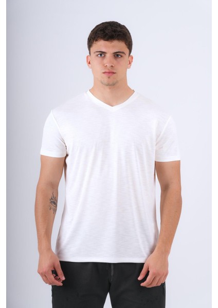 V Yaka Modal Flamlı T-Shirt Ekru