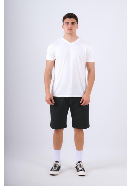 V Yaka Modal Flamlı T-Shirt Ekru