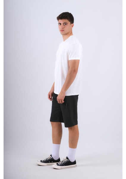 V Yaka Modal Flamlı T-Shirt Ekru