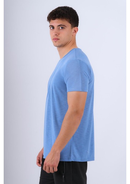 Bisiklet Yaka Modal Flamlı Düz T-Shirt Indigo