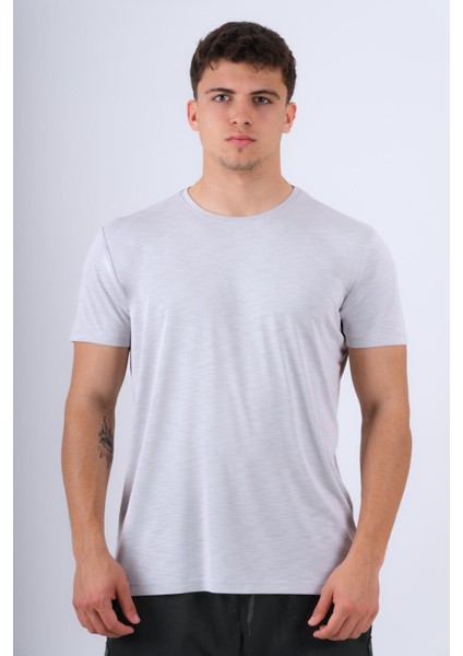 Bisiklet Yaka Modal Flamlı Düz T-Shirt Gri