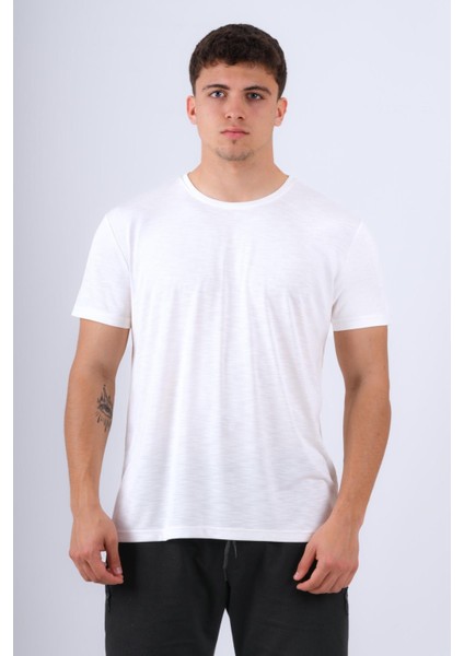 Bisiklet Yaka Modal Flamlı Düz T-Shirt Beyaz