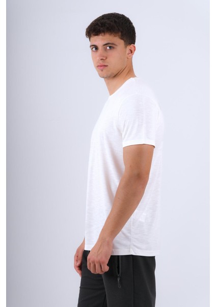 Bisiklet Yaka Modal Flamlı Düz T-Shirt Beyaz