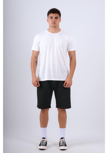 Bisiklet Yaka Modal Flamlı Düz T-Shirt Beyaz