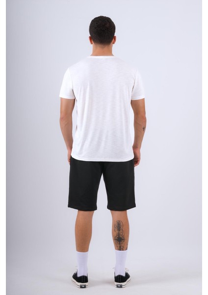Bisiklet Yaka Modal Flamlı Düz T-Shirt Beyaz