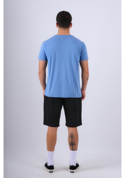 Bisiklet Yaka Modal Flamlı Düz T-Shirt Indigo