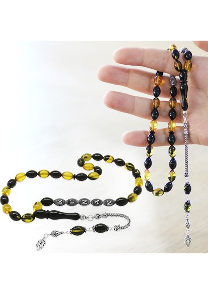 925 Ayar Gümüş Püsküllü Arpa Kesim Gümüş Isim Yazılı Sarı-Siyah Ateş Kehribar Tesbih