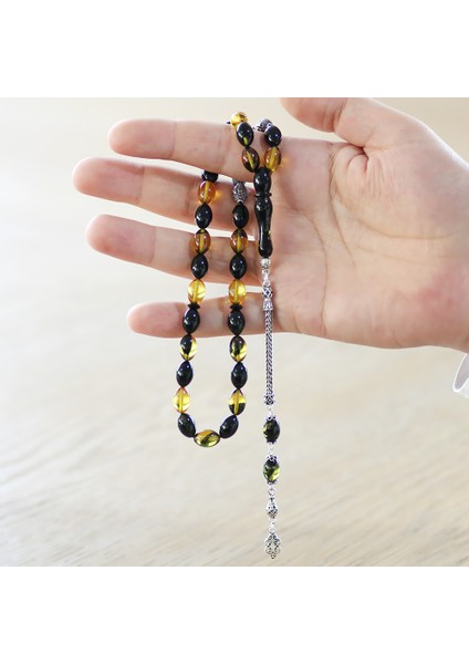 925 Ayar Gümüş Püsküllü Arpa Kesim Gümüş Isim Yazılı Sarı-Siyah Ateş Kehribar Tesbih modelleri