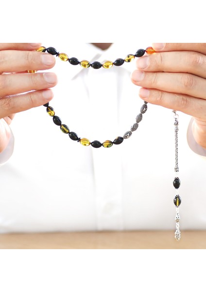 925 Ayar Gümüş Püsküllü Arpa Kesim Gümüş Isim Yazılı Sarı-Siyah Ateş Kehribar Tesbih fırsatları