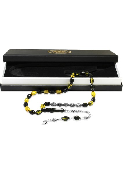 925 Ayar Gümüş Püsküllü Arpa Kesim Gümüş Isim Yazılı Sarı-Siyah Ateş Kehribar Tesbih indirimleri