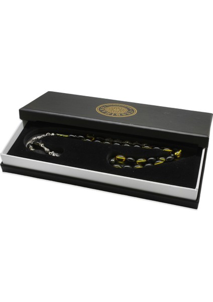 925 Ayar Gümüş Püsküllü Arpa Kesim Gümüş Isim Yazılı Sarı-Siyah Ateş Kehribar Tesbih