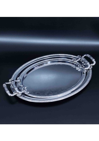 Krom Kaplama Oval Metal Kulplu Tepsi Set