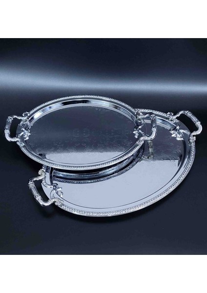 Krom Kaplama Oval Metal Kulplu Tepsi Set