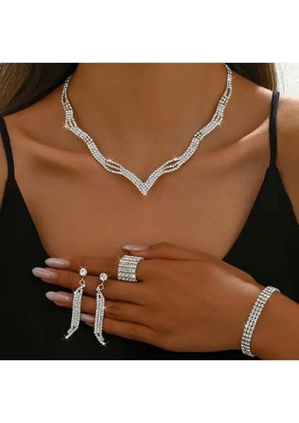 Gümüş Kaplama Su Yolu Zirkon Taşlı Kolye Küpe Bileklik Yüzük Seti Düğün Nişan Parti Abiye Gerdanlık Seti