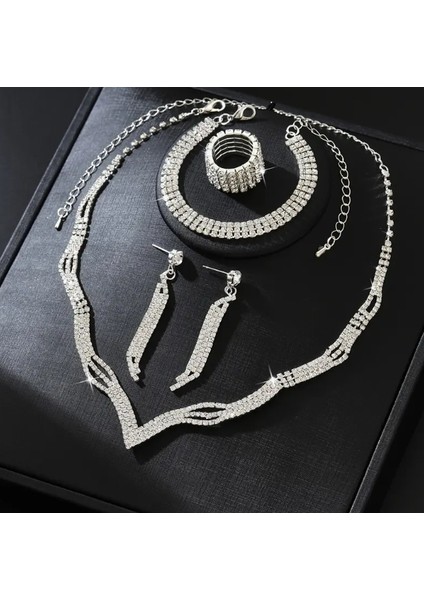 Gümüş Kaplama Su Yolu Zirkon Taşlı Kolye Küpe Bileklik Yüzük Seti Düğün Nişan Parti Abiye Gerdanlık Seti fiyatları