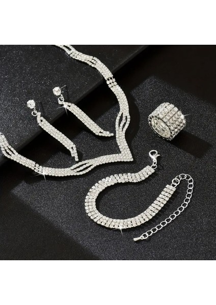 Gümüş Kaplama Su Yolu Zirkon Taşlı Kolye Küpe Bileklik Yüzük Seti Düğün Nişan Parti Abiye Gerdanlık Seti fırsatları