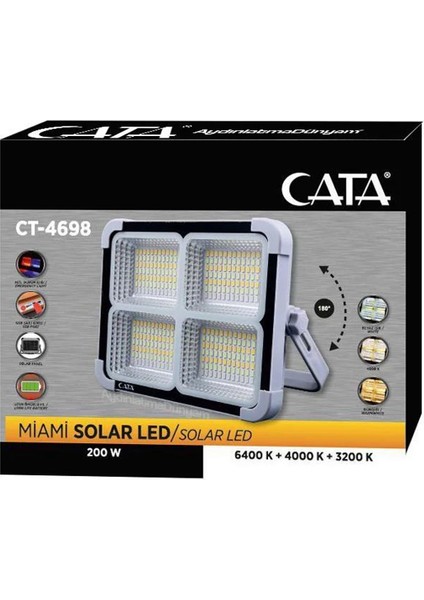 CT-4698 Güneş Enerjili Solar 200W Watt LED Projektör Taşınabilir Sarı Beyaz ve Çakar Işık Lamba