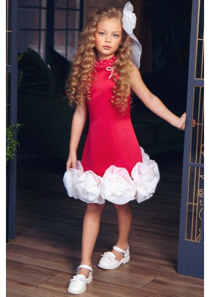 Kız Çocuk Dik Yaka Inci Detaylı Sıfır Kol Eteği 3D Gül Işlemeli Slim Kesim Fuşya Elbise