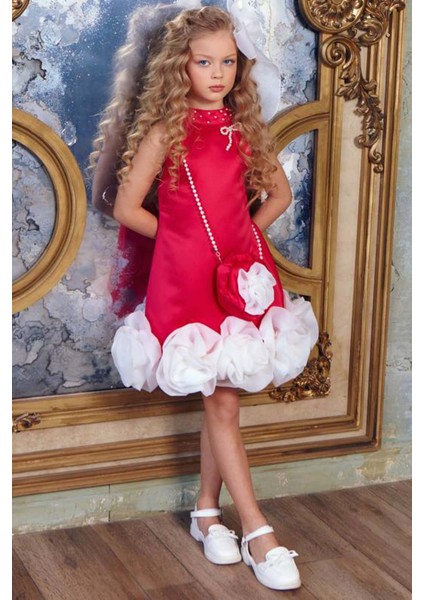 Kız Çocuk Dik Yaka Inci Detaylı Sıfır Kol Eteği 3D Gül Işlemeli Slim Kesim Fuşya Elbise fiyatları