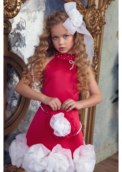 Kız Çocuk Dik Yaka Inci Detaylı Sıfır Kol Eteği 3D Gül Işlemeli Slim Kesim Fuşya Elbise modelleri