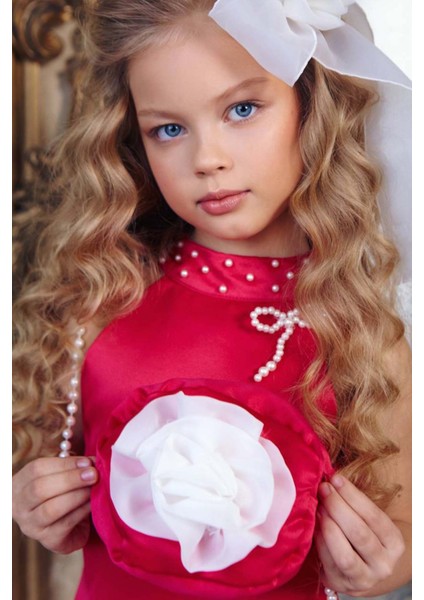 Kız Çocuk Dik Yaka Inci Detaylı Sıfır Kol Eteği 3D Gül Işlemeli Slim Kesim Fuşya Elbise fırsatları