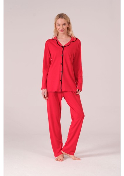 Modal Kumaş Kadın Pijama Takım Uzun Kollu Yakalı ve Düğmeli