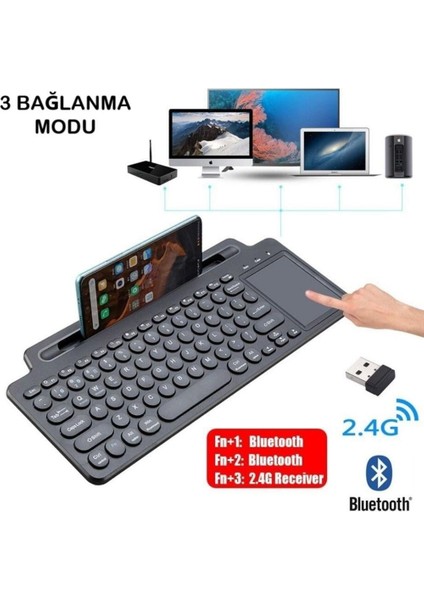 Standlı Bluetooth Klavye Kalemli, Tablet ve Telefon Uyumlu Kablosuz Touchpadli Klavye
