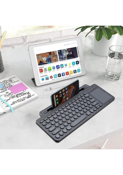Standlı Bluetooth Klavye Kalemli, Tablet ve Telefon Uyumlu Kablosuz Touchpadli Klavye