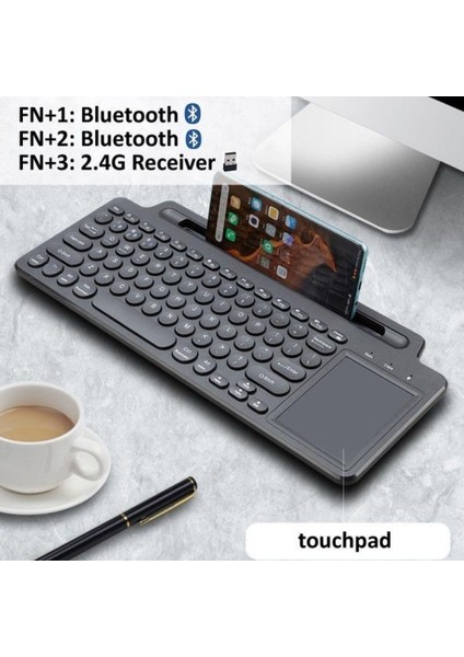 Standlı Bluetooth Klavye Kalemli, Tablet ve Telefon Uyumlu Kablosuz Touchpadli Klavye