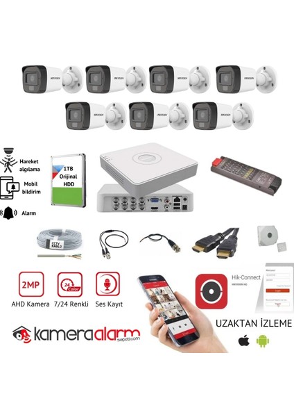 7 Kameralı Dahili Mikrofonlu 7/24 Renkli 2MP Güvenlik Kamerası Seti