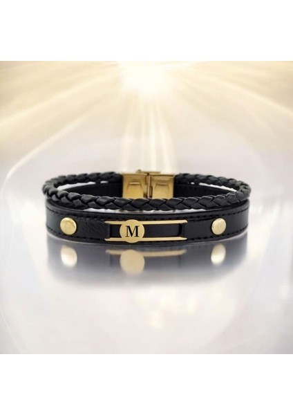 14 Ayar Plakalı Altın Daireli Dikdörtgen Motifli Derili Erkeklere Harfe Özel Bileklik-418Harf-Siyah fiyatları