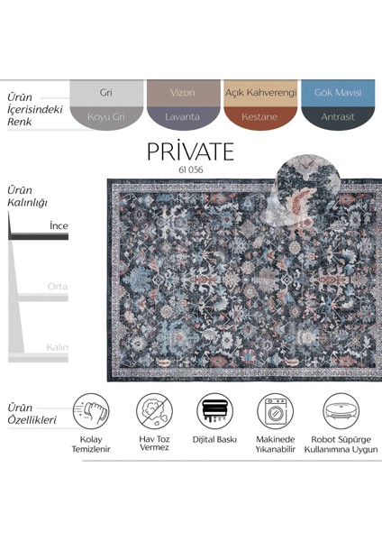 Private Antrasit Halı Eskitme Desenli Vintage Şönil Halı Çiçekli Yıkanabilir Salon Halısı fiyatları