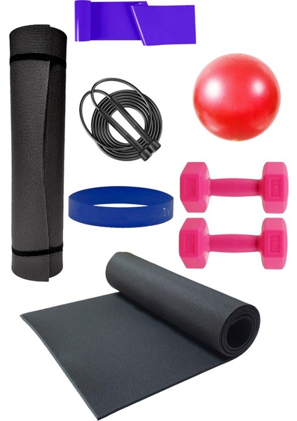 Pilates Minderi 20 Cm Pilates Topu Loop Band Direnç Lastiği Atlama Ipi Dambıl Seti Pilates Seti
