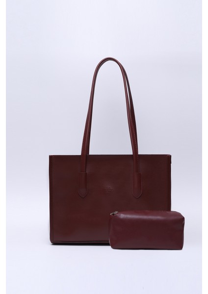 Kahve Rengi Shk173 Deri, Tek Bölmeli, Fermuarlı, Makyaj Çantalı El, Kol Ve Omuz Çantası U:24 E:34 G:13 Cm