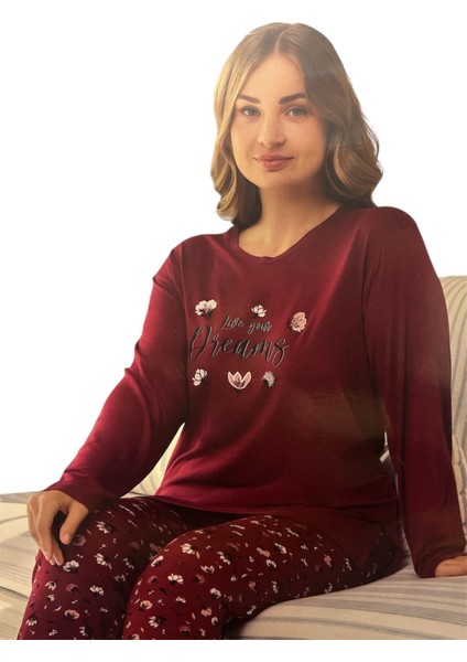 Bordo Renk Uzun Kollu Kadın Pijama Takımı
