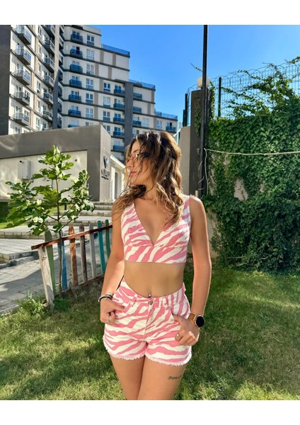 Pembe Zebra Desen Şort Büstiyer Denim Takım fırsatları