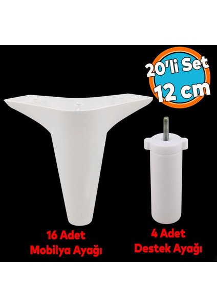 20'li Set Mobilya Koltuk Kanepe Tv Ünitesi Yükseltme Destek Ayağı 12 cm Beyaz Ayakları 20'li Set